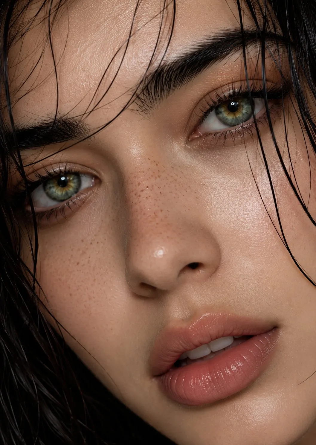 Macro Portrait Dewy Skin Wet Hair Green Hazel Eyes