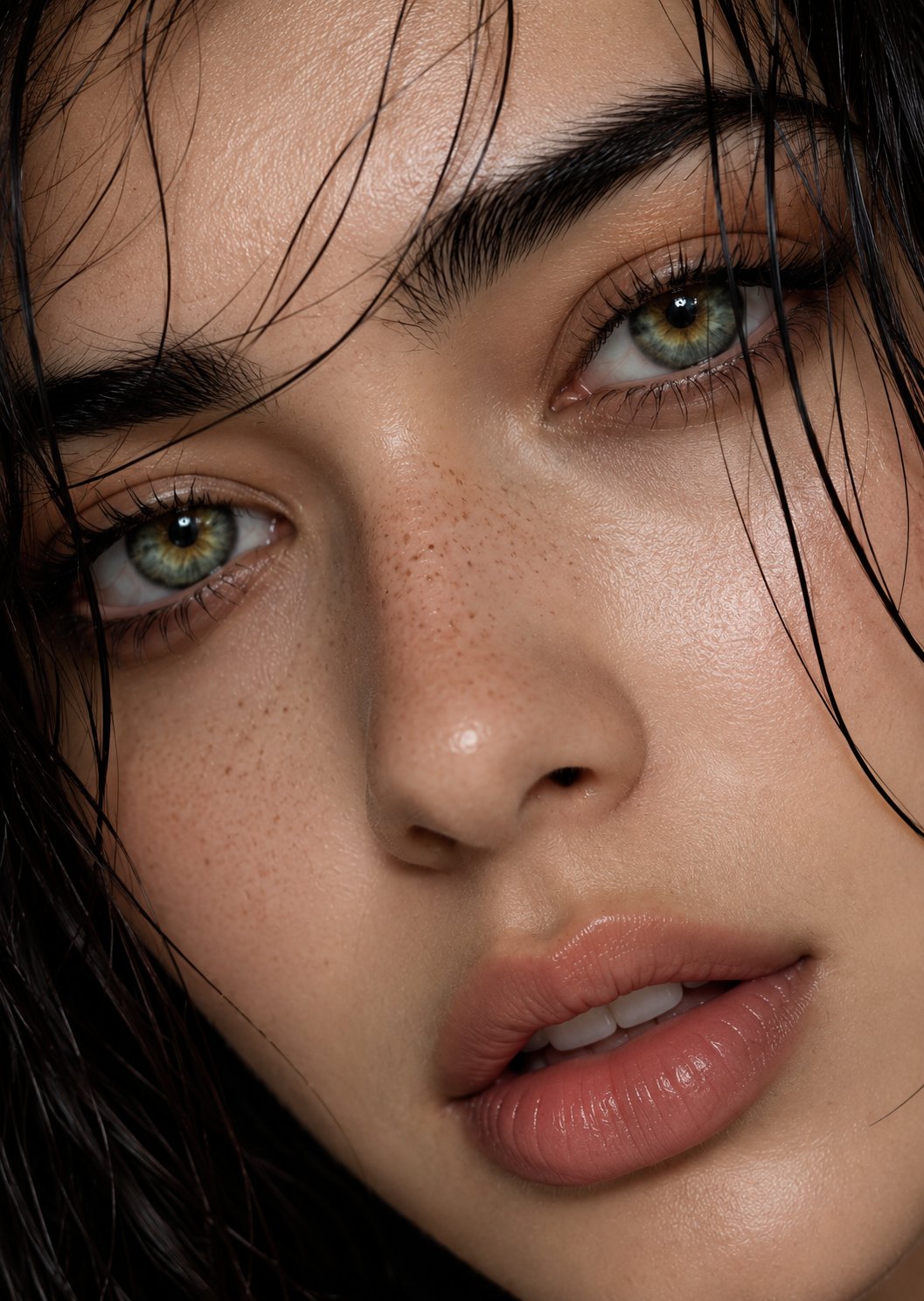 Macro Portrait Dewy Skin Wet Hair Green Hazel Eyes
