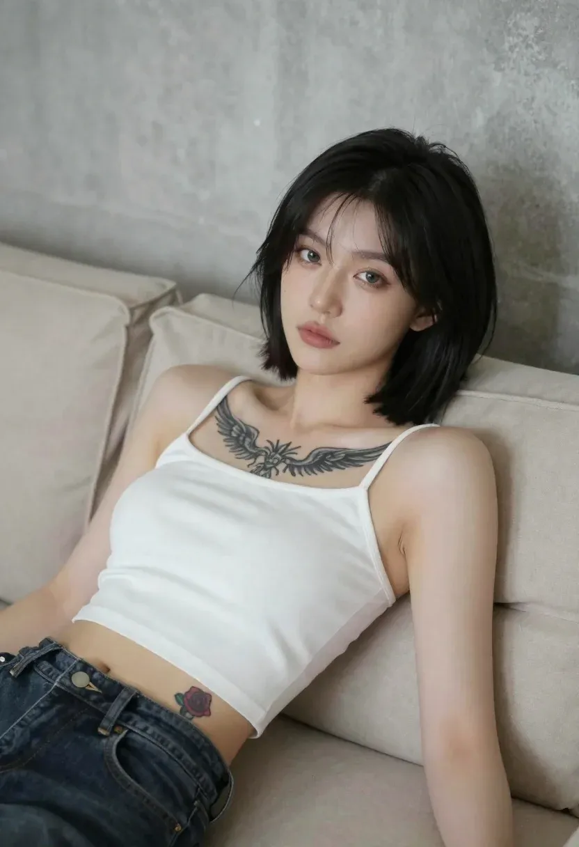 Young Woman With Short Black Hair Reclines Beige Sofa Gazing
