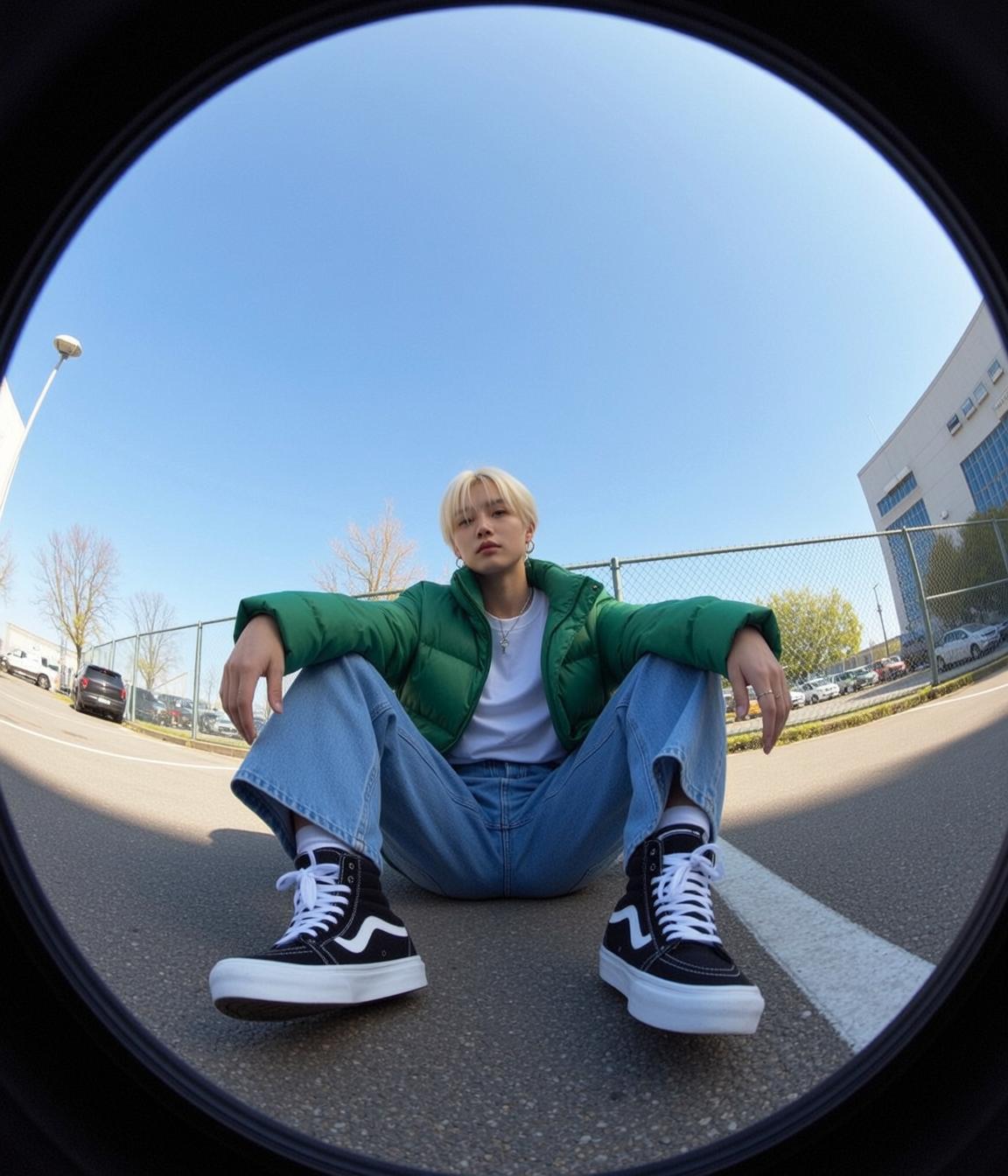 Blonde Hair Green Jacket Parking Lot Fisheye
