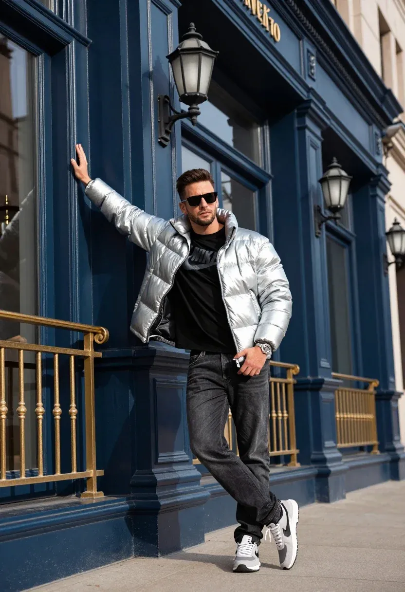 Stylish Man Poses Confidently Leaning Against Dark Blue Building With