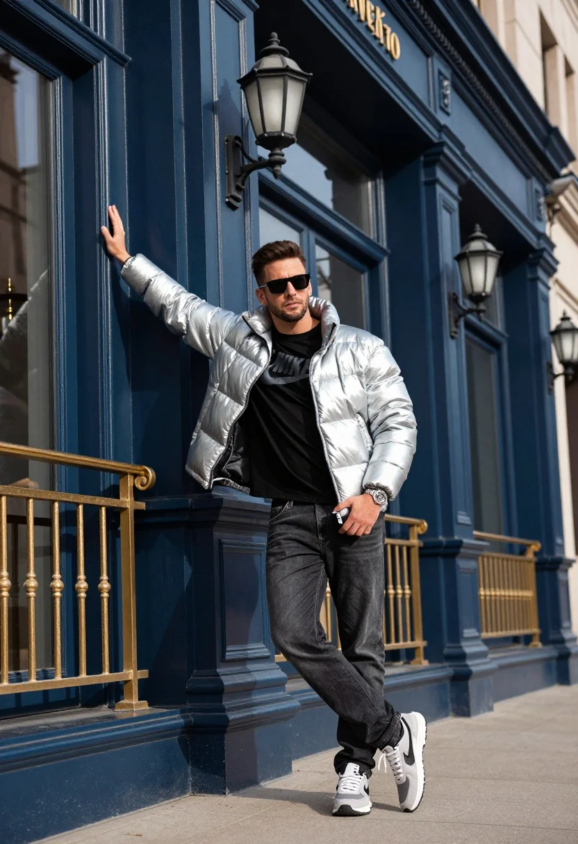 A stylish man confidently leans against an ornate dark blue building, showcasing a reflective jacket and strong shadows.