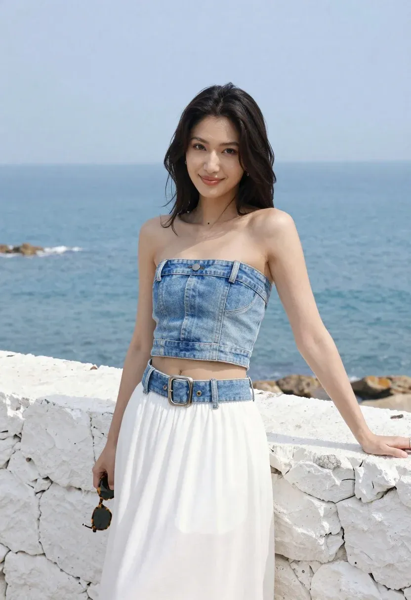Young Woman With Dark Hair Stands White Stone Ledge Overlooking