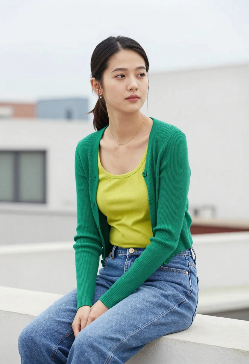 Young Woman Sits Ledge Outdoors With Soft Contemplative Expression Looking reference photo