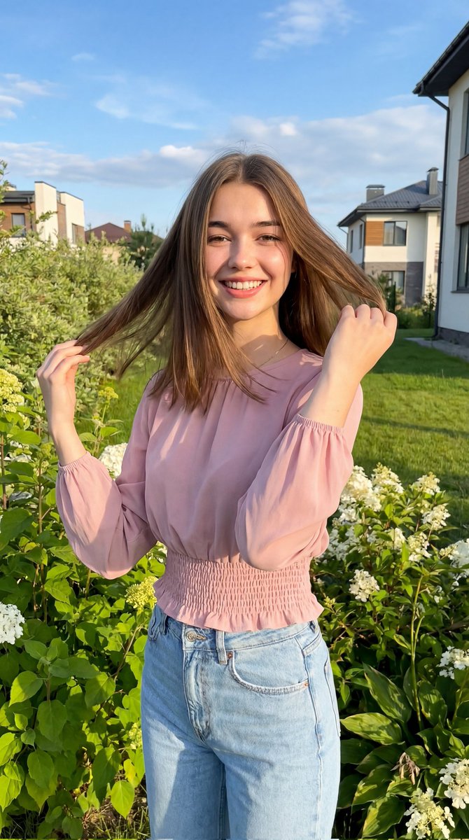 A cheerful young woman with shoulder-length brown hair in a lush garden smiling while holding her hair in a bright blue sky.