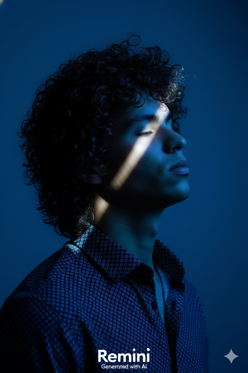 A male portrait in profile with closed eyes, illuminated by dramatic blue light, against a solid blue background.
