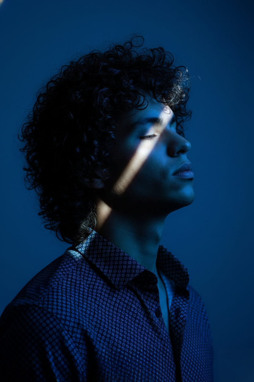 A male portrait in profile with closed eyes, illuminated by dramatic blue light, against a solid blue background.