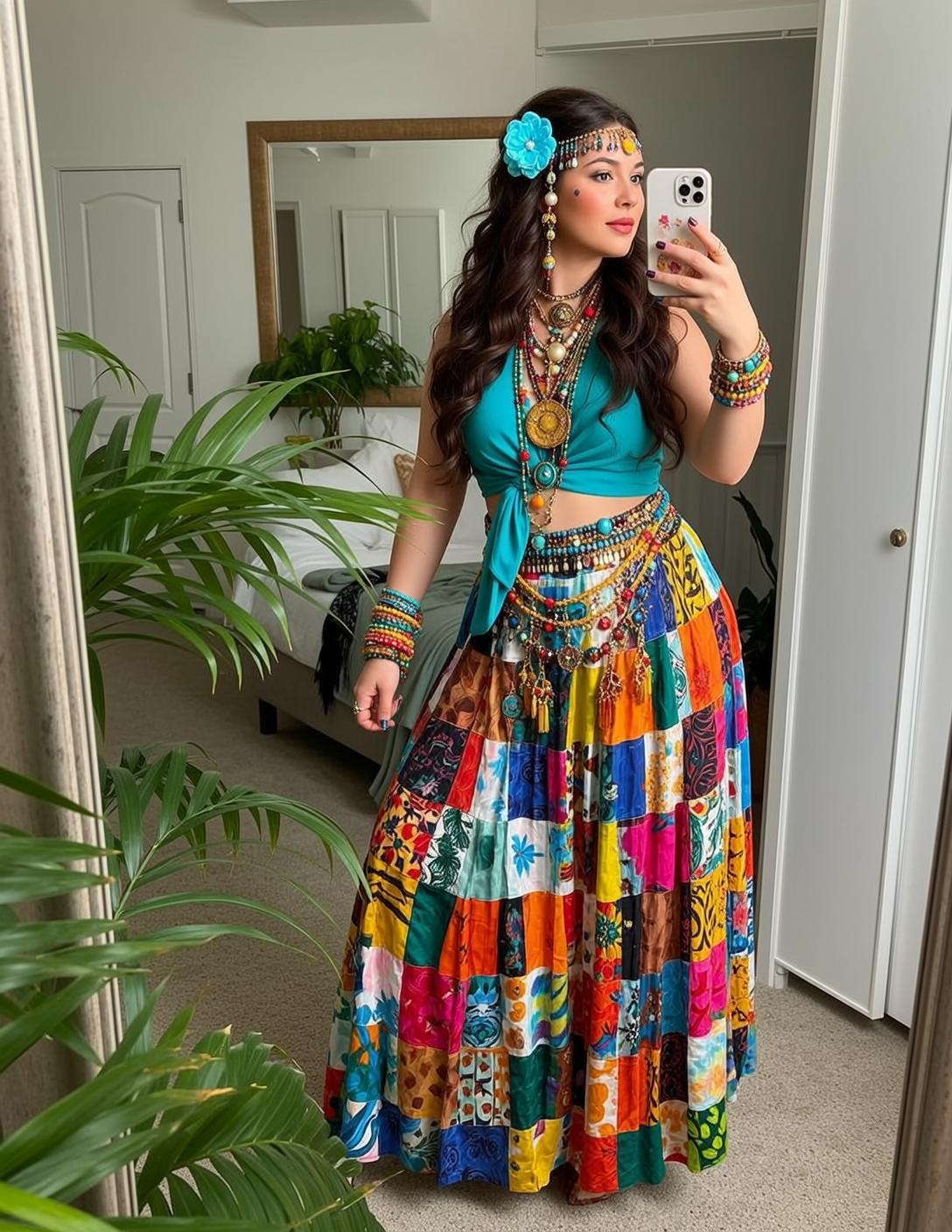 Bohemian Skirt Teal Crop Top Selfie In Bedroom