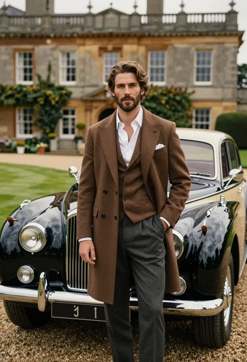 Handsome Man With Wavy Brown Hair And Beard Stands Confidently