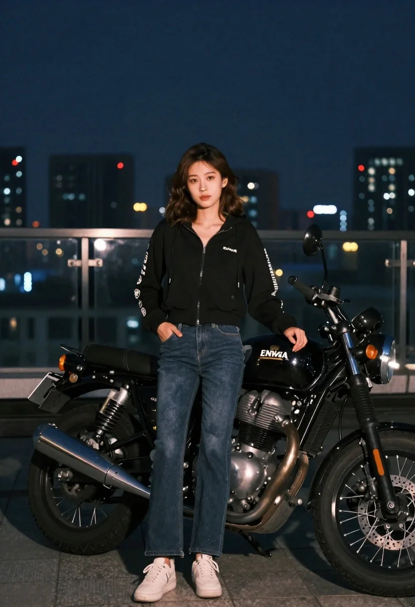 Young Woman Stands Confidently Next Classic Motorcycle Rooftop Terrace Night