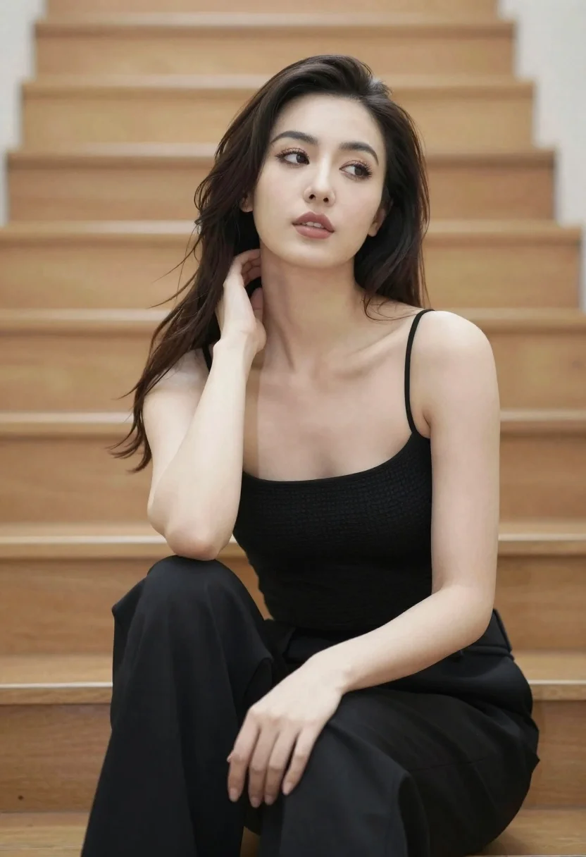 Woman With Long Dark Hair Sits Wooden Staircase Looking Upward reference photo