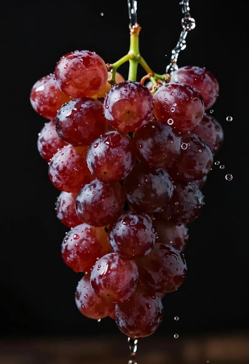 Cluster Deep Red Grapes Suspended Mid-air Against Dark Background Subject