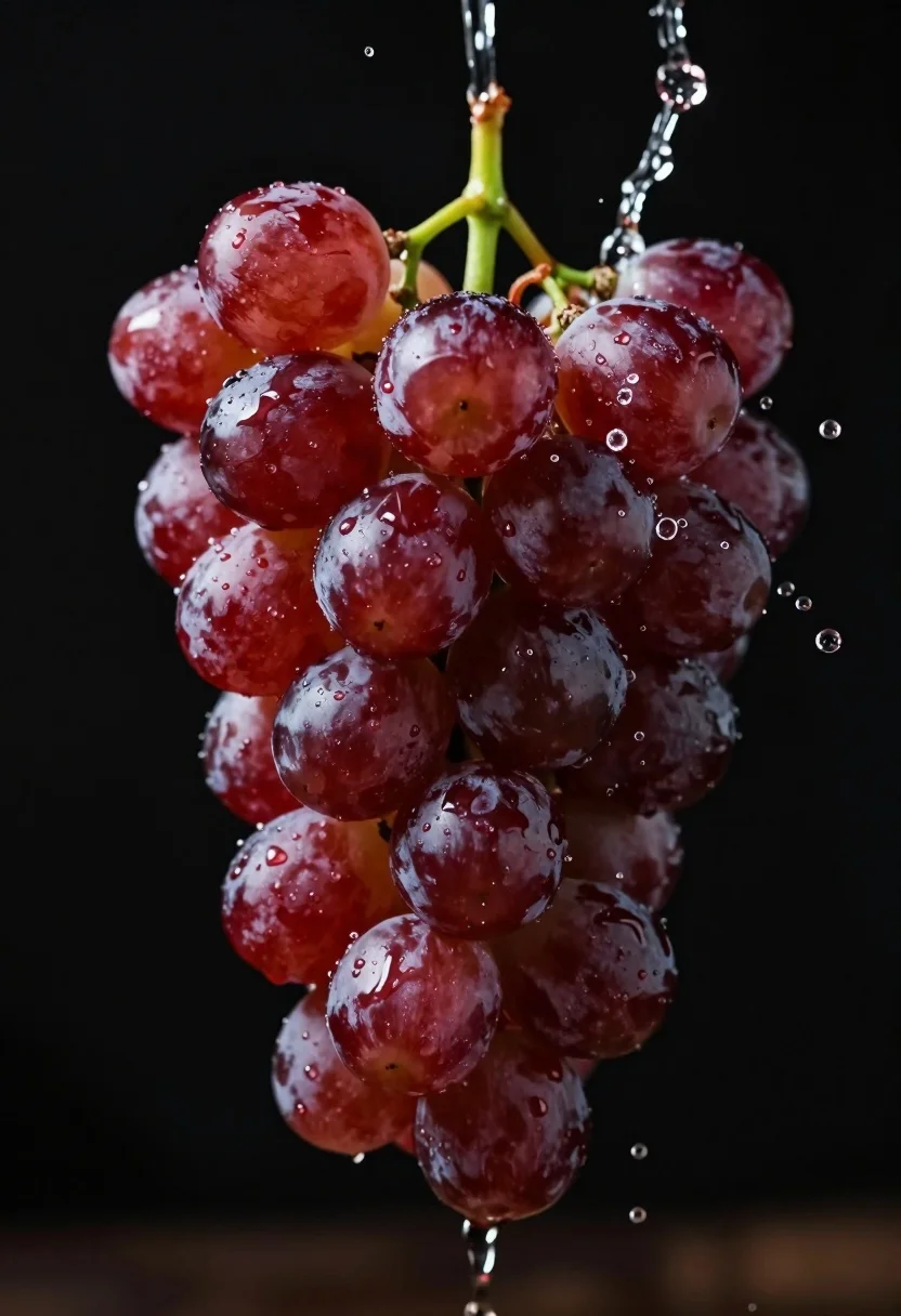 A cluster of plump, glossy red grapes in mid-air with dynamic water splashing off, against a dark background.