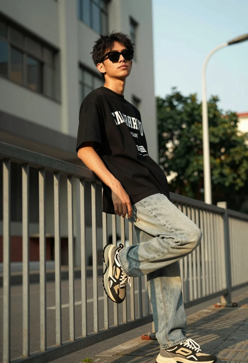 Young Man Leaning Casually Against Metal Railing Urban Outdoor Setting