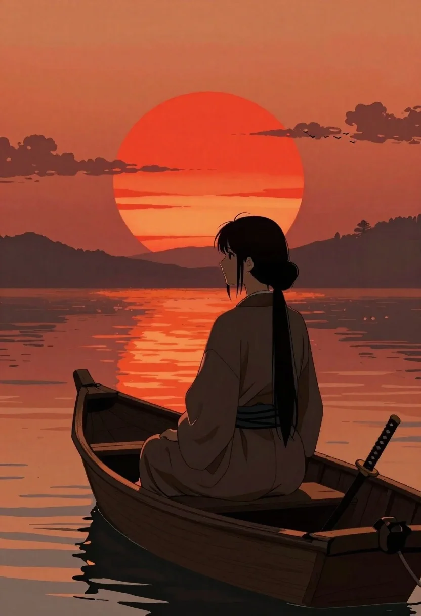 Digital Illustration Woman Silhouette Sitting Small Wooden Boat Facing Away reference photo