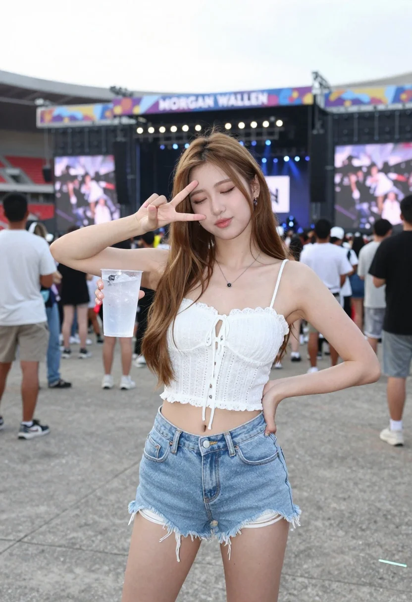 Young Woman Posing Confidently Outdoor Music Festival With Large Concert reference photo