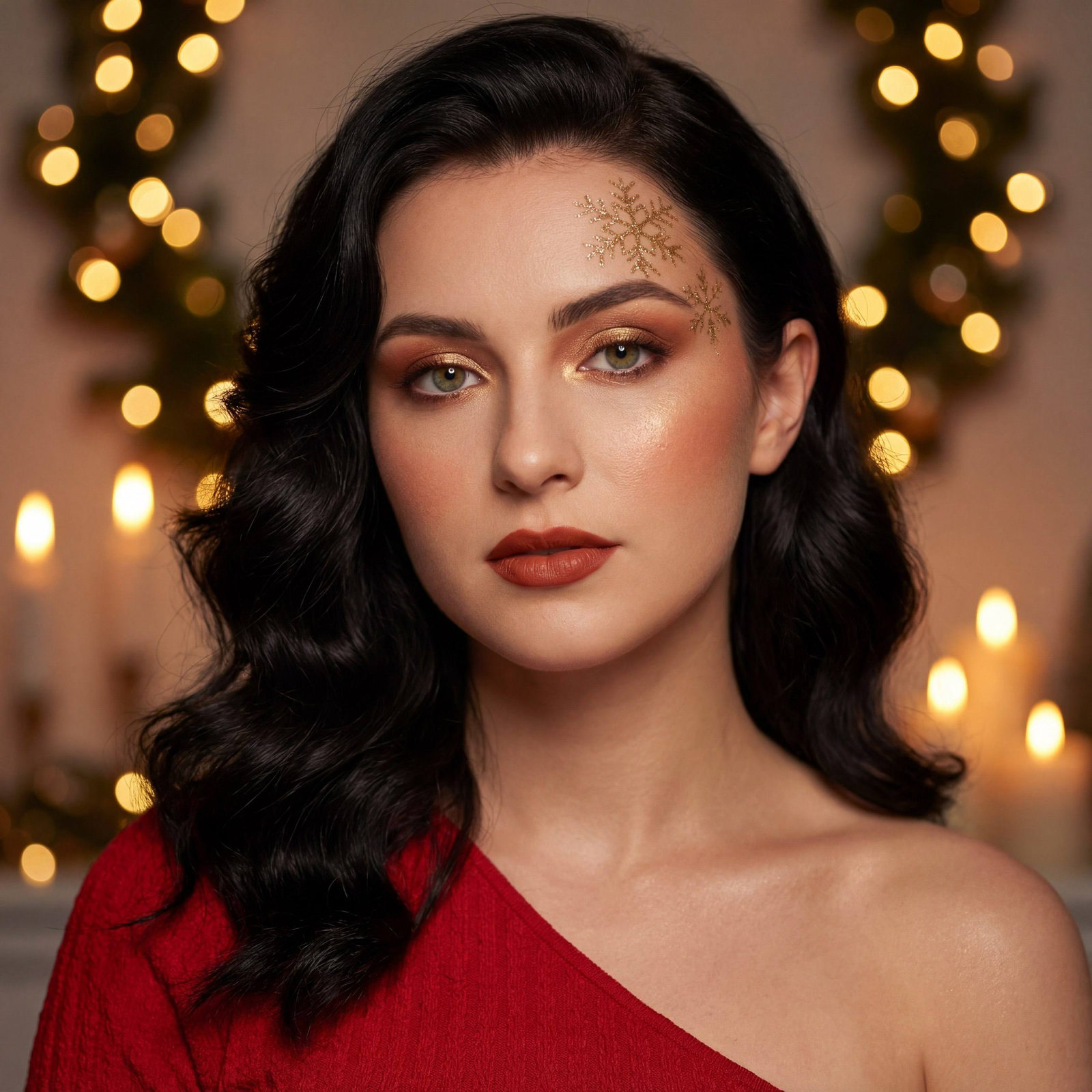 Close-up portrait of a person with warm skin tone, shimmering gold eyeshadow, and rich terracotta lips, featuring golden snowflake makeup.
