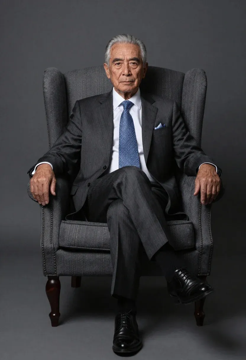 Full-body Studio Portrait Elderly Gentleman Seated Confidently Dark Gray Wingback