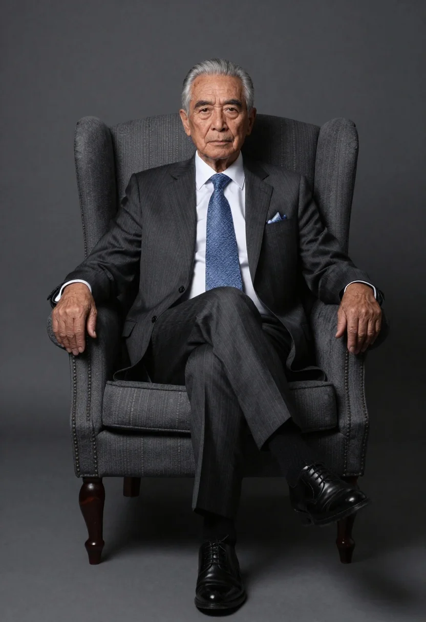 Full-body Studio Portrait Elderly Gentleman Seated Confidently Dark Gray Wingback reference photo