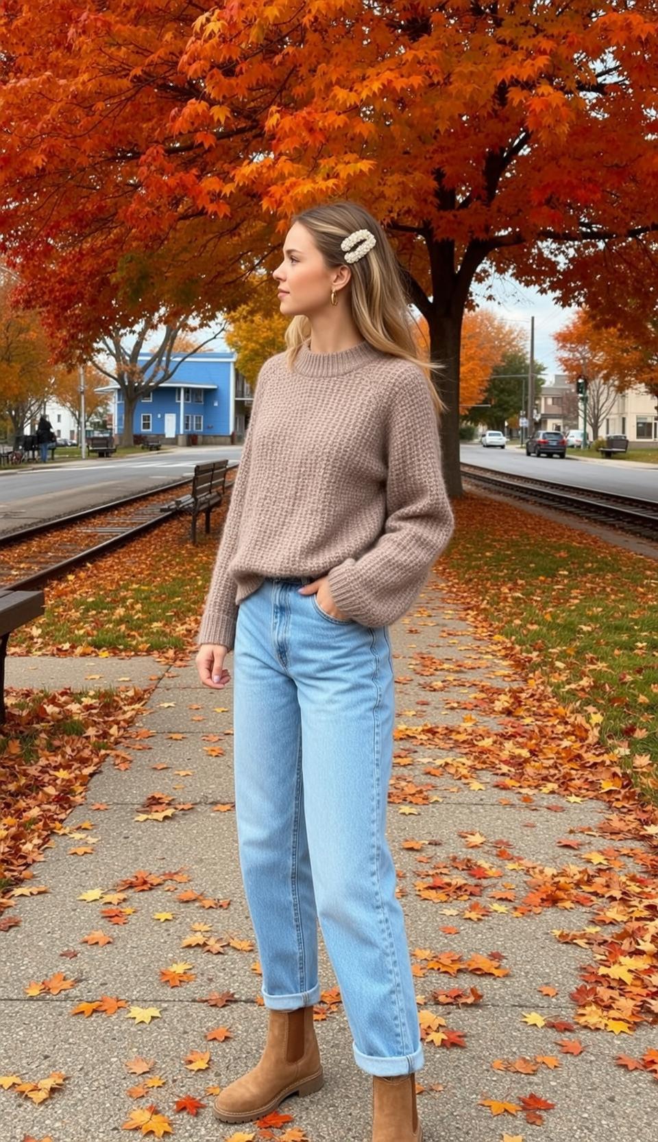 Beige Sweater Autumn Sidewalk