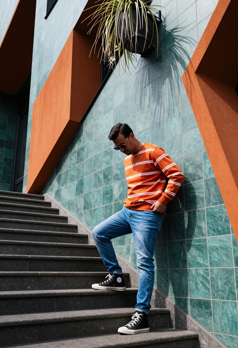 Man Leans Casually Against Modern Architectural Wall With Geometric Orange