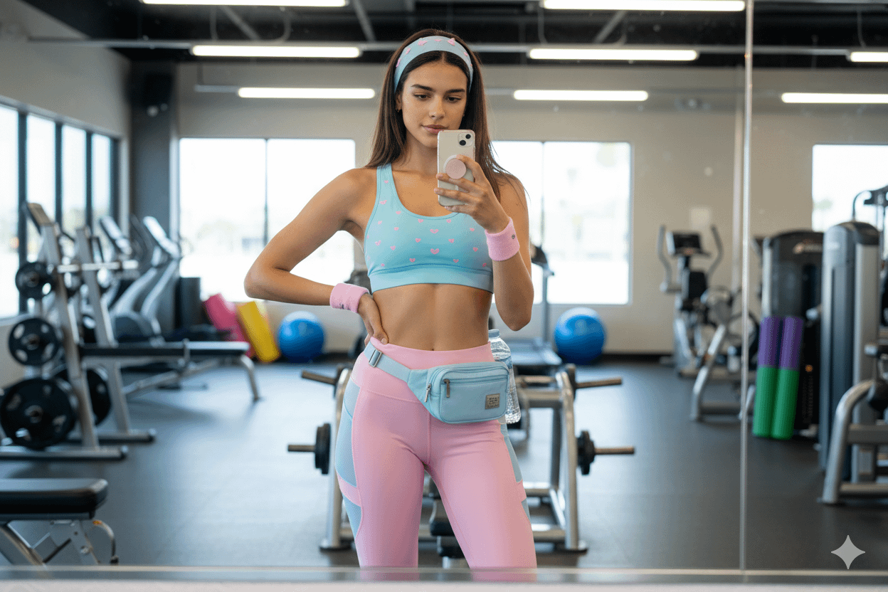 A woman posing confidently in a modern gym, wearing a light blue sports bra with pink hearts and leggings, holding a smartphone.
