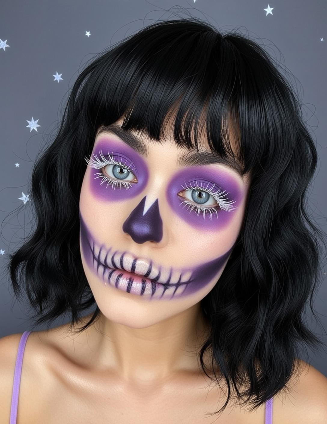 Halloween Makeup Young Skull Short Wavy Black