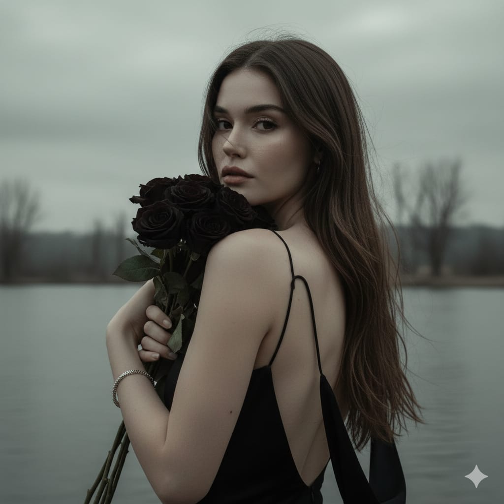 A woman with pale skin and tousled hair, gazing over her shoulder by the water, holding black roses.