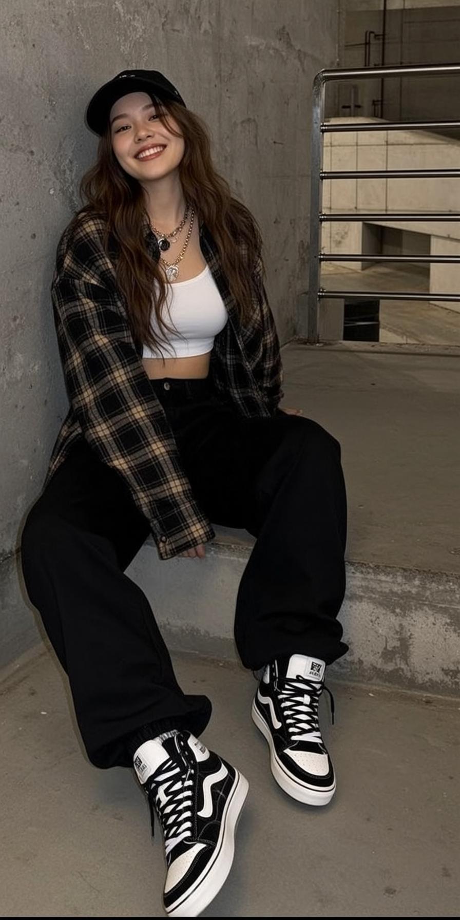 Street Style Young Woman Sitting On Concrete Steps