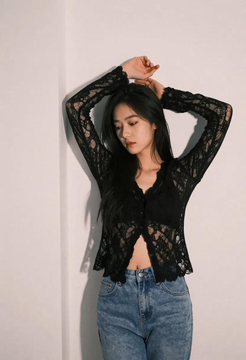 Young Woman With Long Dark Hair Stands Against Plain White