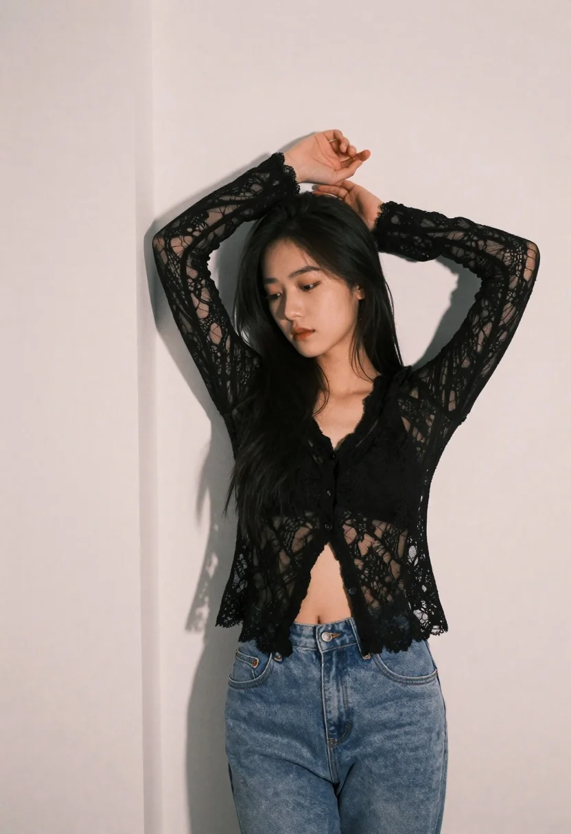 Young Woman With Long Dark Hair Stands Against Plain White reference photo