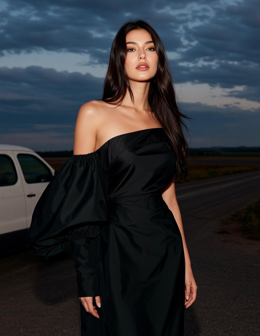 Black Balloon Sleeve Dress Portrait
