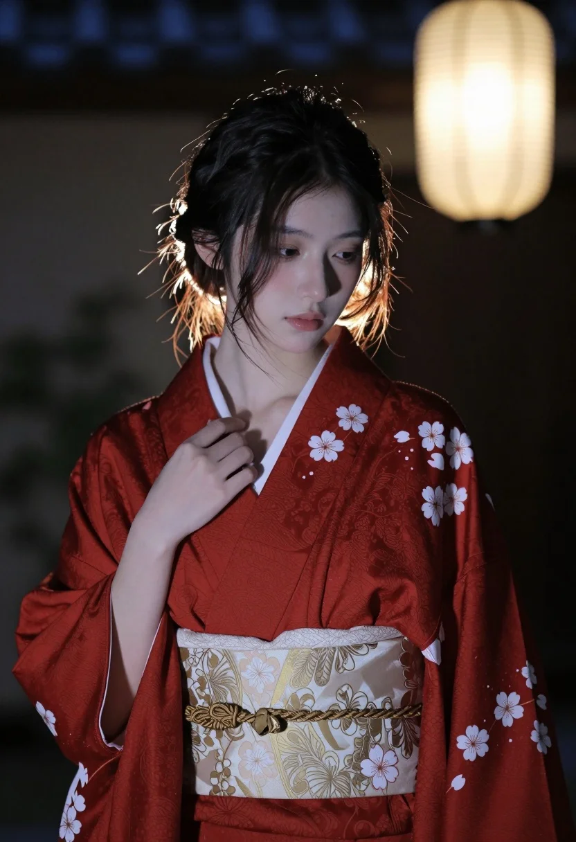Contemplative Young Woman With Dark Hair Styled Loose Updo Stands