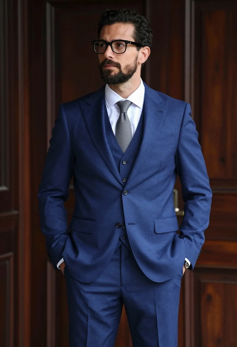 Confident Man Sharp Blue Three-piece Suit Stands With His Hands