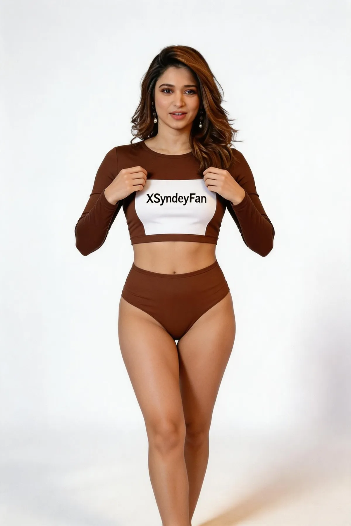 Dark Brown Swimsuit White Panel Studio Shot