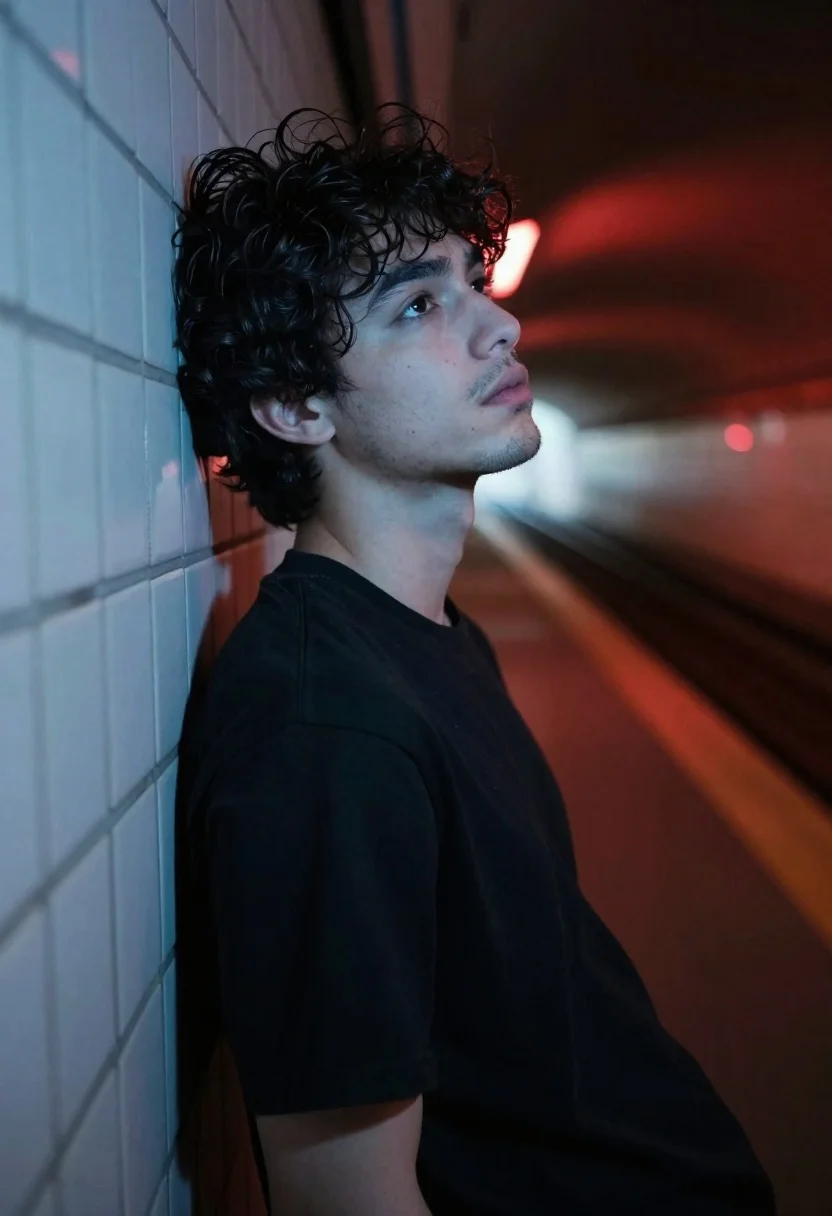 A young man with messy dark hair leans against a tiled wall, illuminated by cool blue and warm red lighting in a subway tunnel.