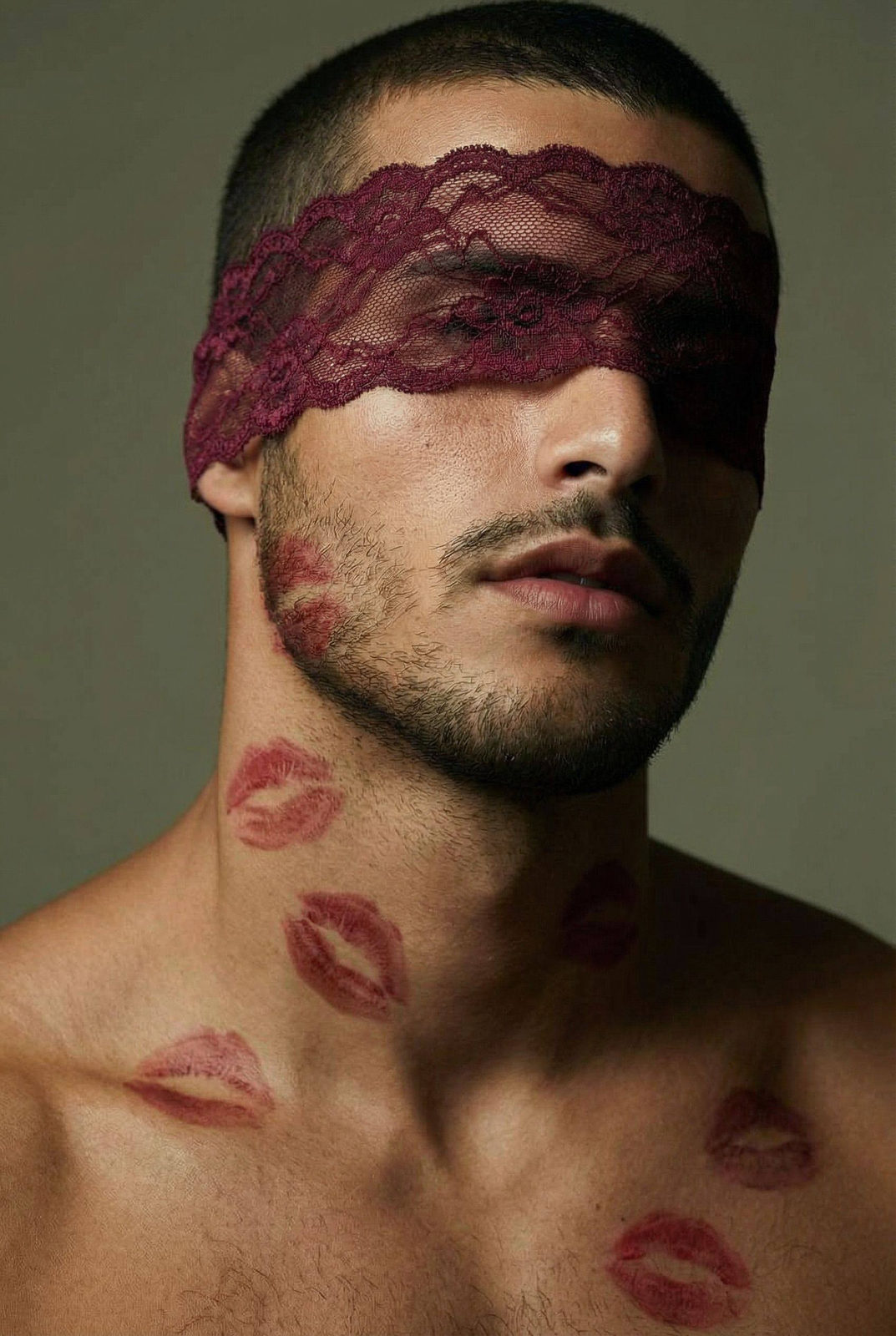 A stunning high-fashion portrait featuring a model with a burgundy lace blindfold, soft lipstick marks on skin, evoking sensual elegance.