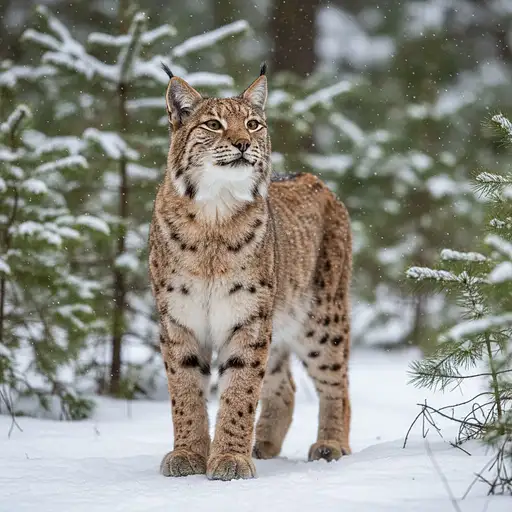 Lynx Standing Alert Snowy Forest Distinctive Tufted Ears And Spotted
