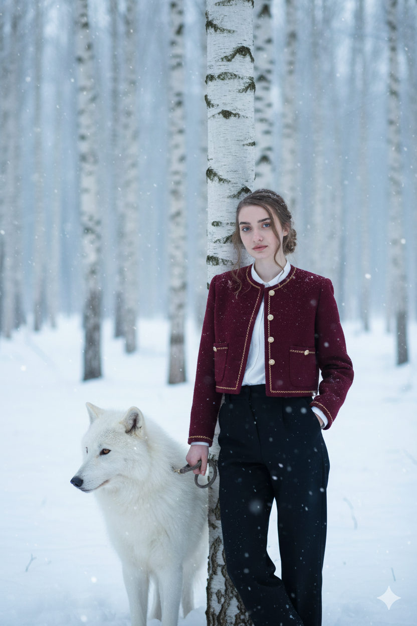 A woman in a dark red wool cropped jacket leans against a snow-covered birch tree with a wolf leash in hand.