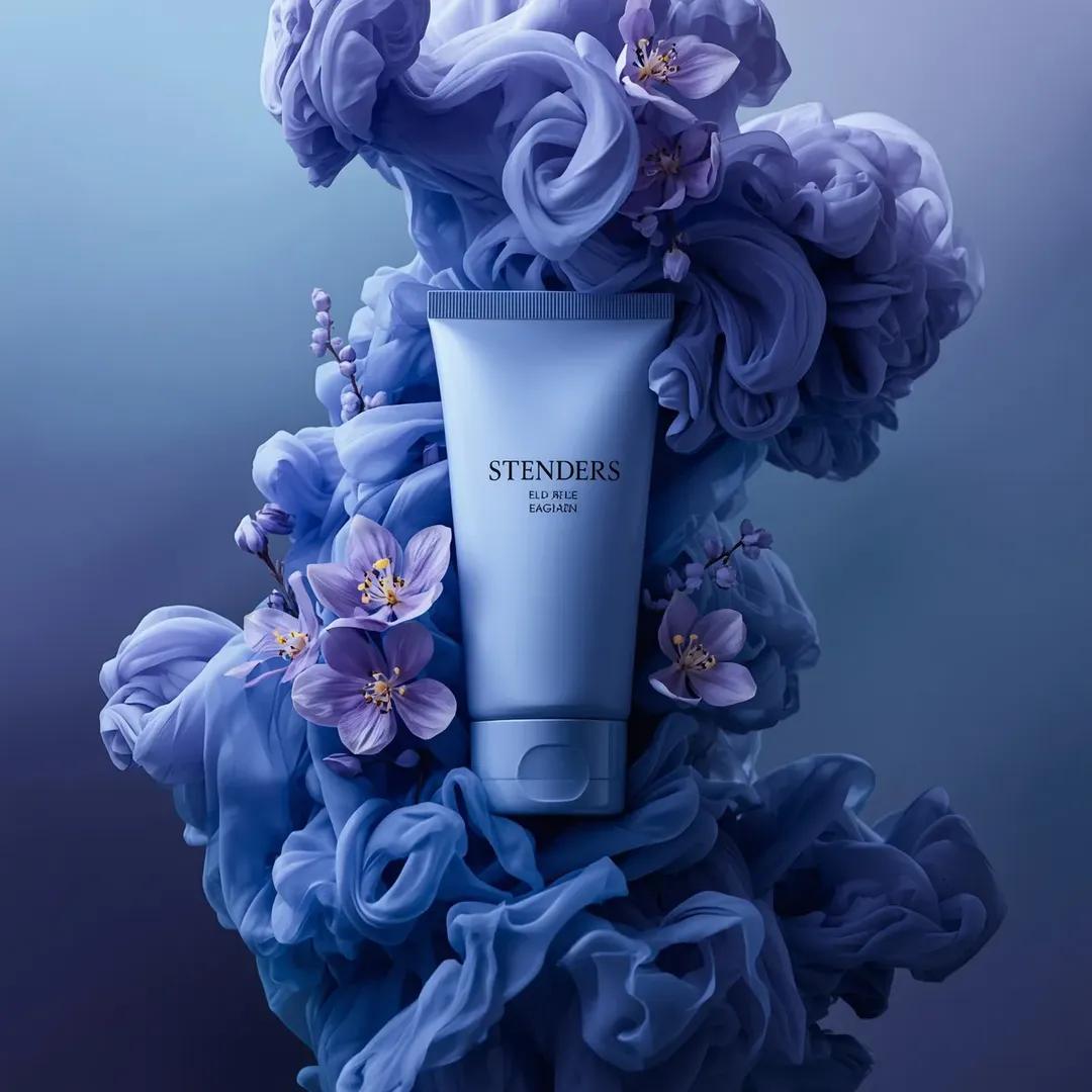 Luxury Cosmetic Product Photography Blue Violet Smoke Flowers