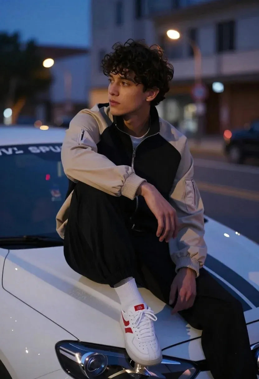 Young Man With Dark Curly Hair Sits Casually The Hood