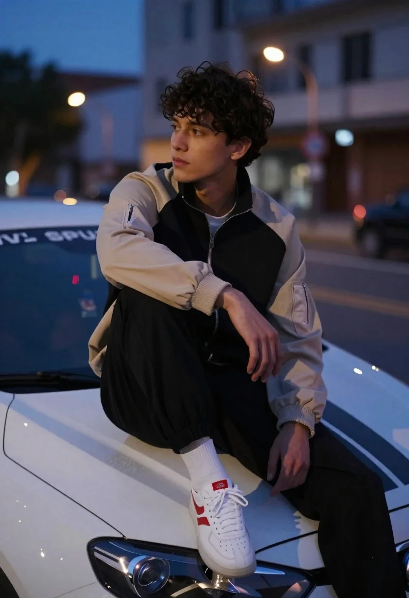 A young man with dark curly hair sits on the hood of a white car, illuminated by soft ambient lighting at dusk.