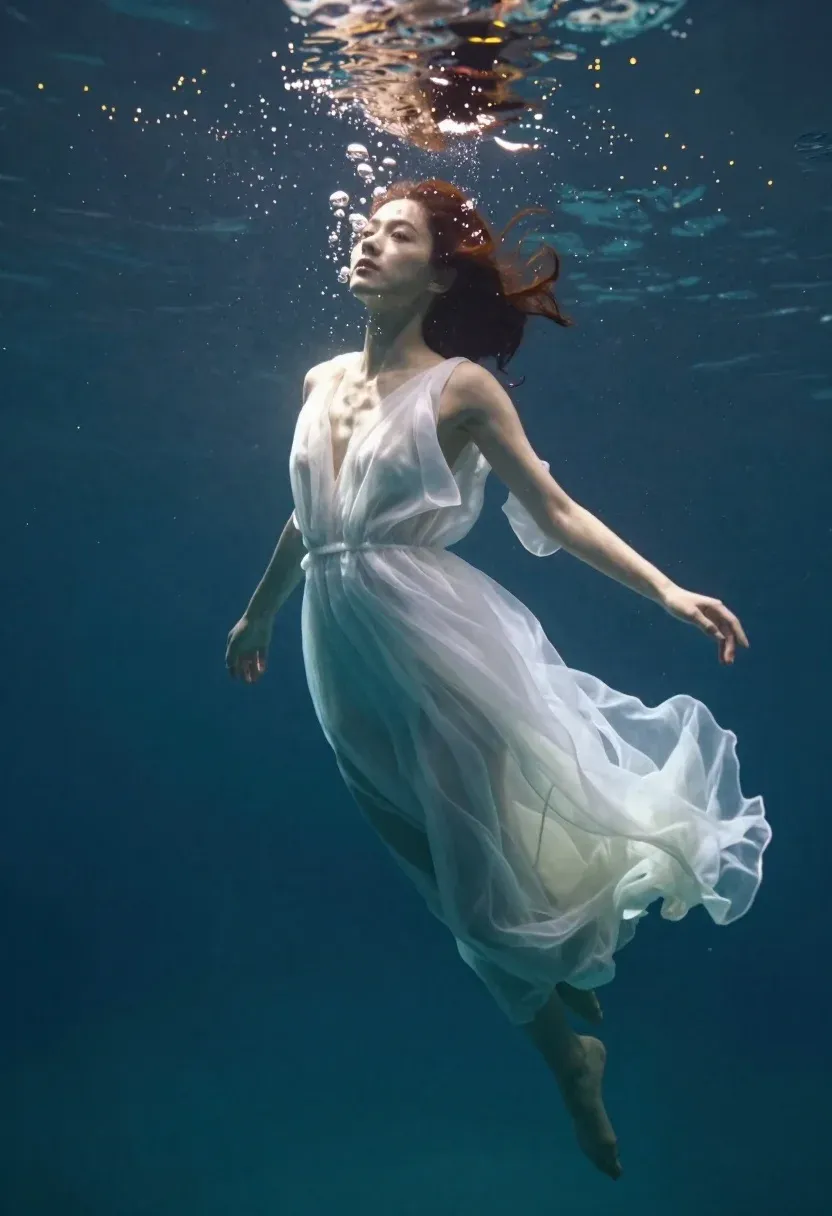Photorealistic Underwater Portrait Woman Flowing White Dress Suspended Gently Beneath