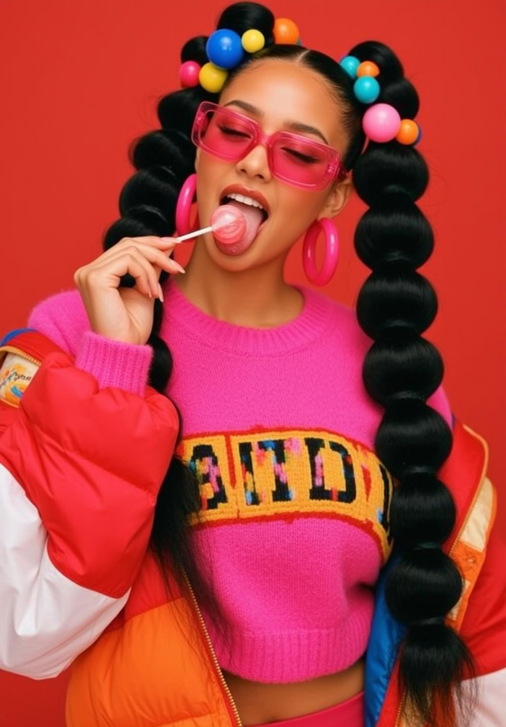 Creative Young Long Black Bubble Ponytails Colorful