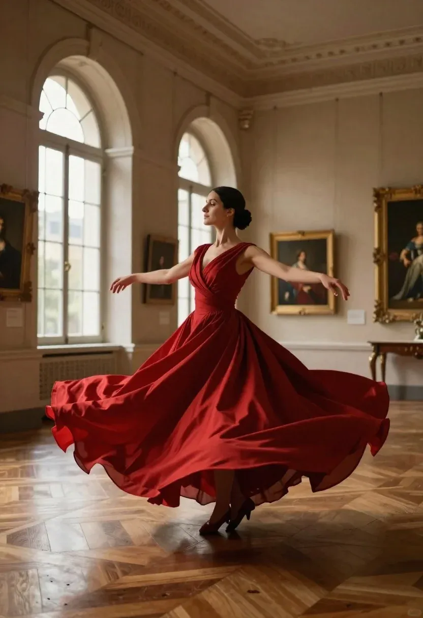 Woman Flowing Red Gown Spins Gracefully The Center Elegant Museum