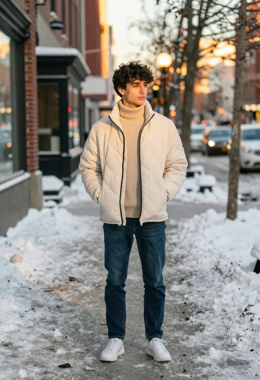 Young Man Stands Confidently Snow-covered City Sidewalk During The Winter