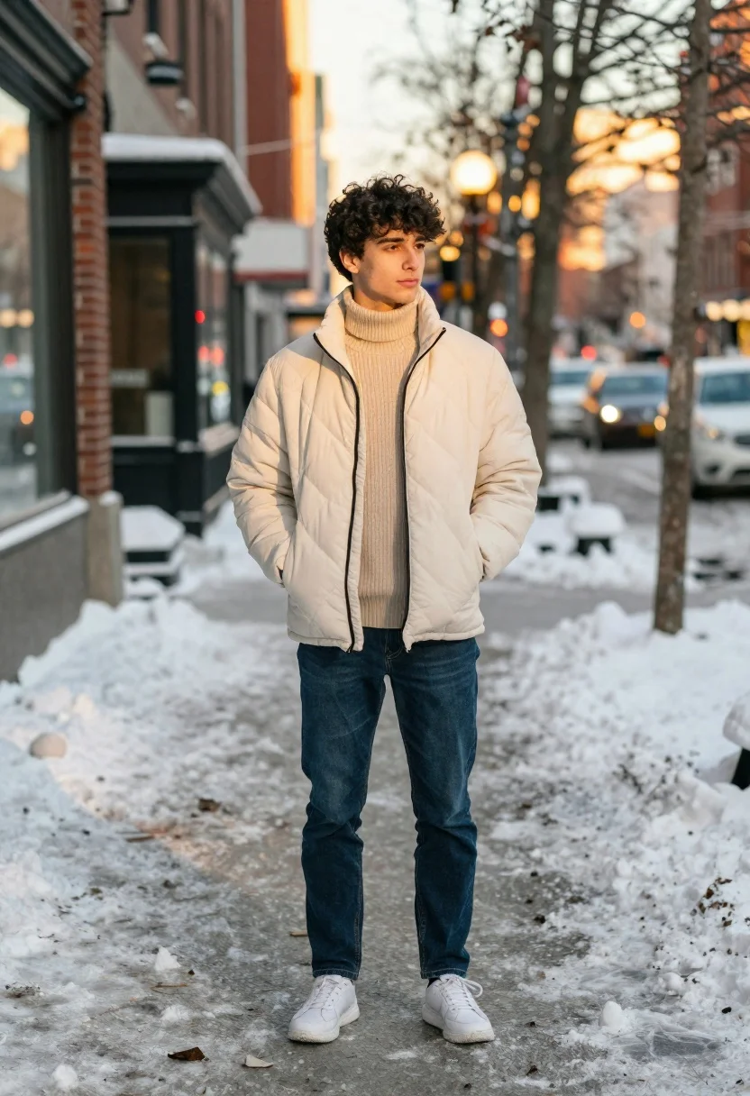 Young Man Stands Confidently Snow-covered City Sidewalk During The Winter