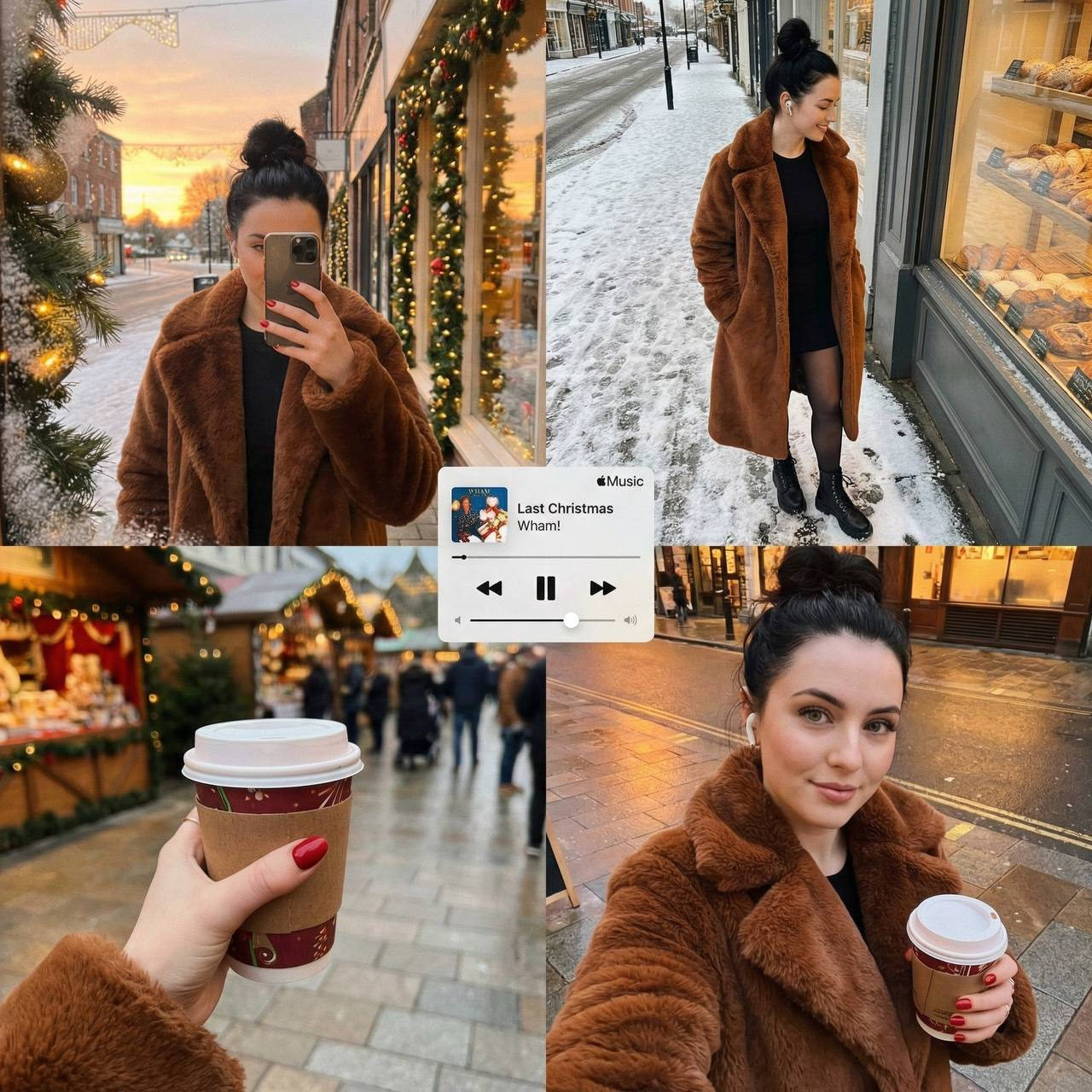A woman in an oversized cinnamon-colored faux fur coat stands in front of a store window decorated with faint Christmas lights at sunset.