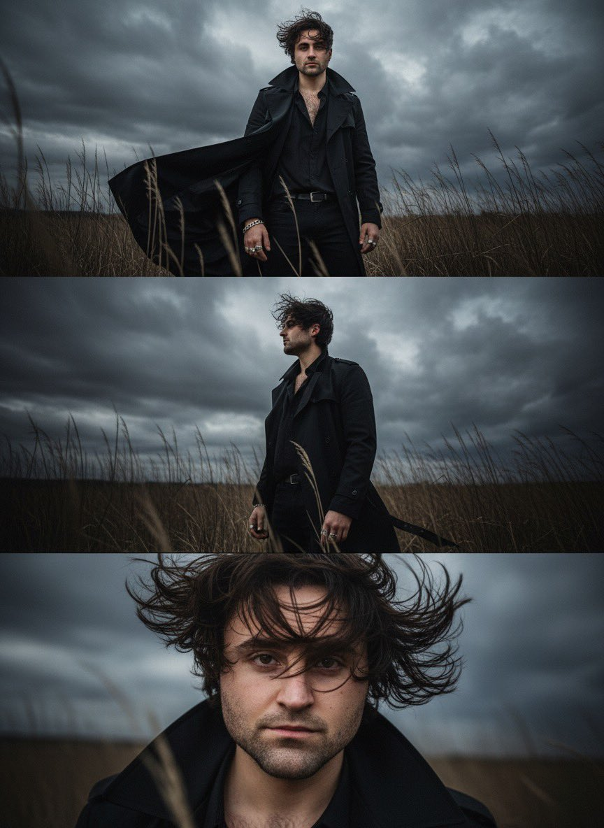 A young man in a black trench coat stands in dark grass, gazing intensely at the viewer under an overcast sky.