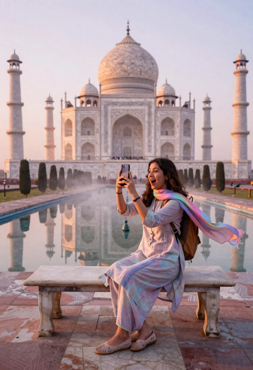 Surreal Infinity Mirror Moment Enchanted Tourist Woman Capturing The Taj reference photo